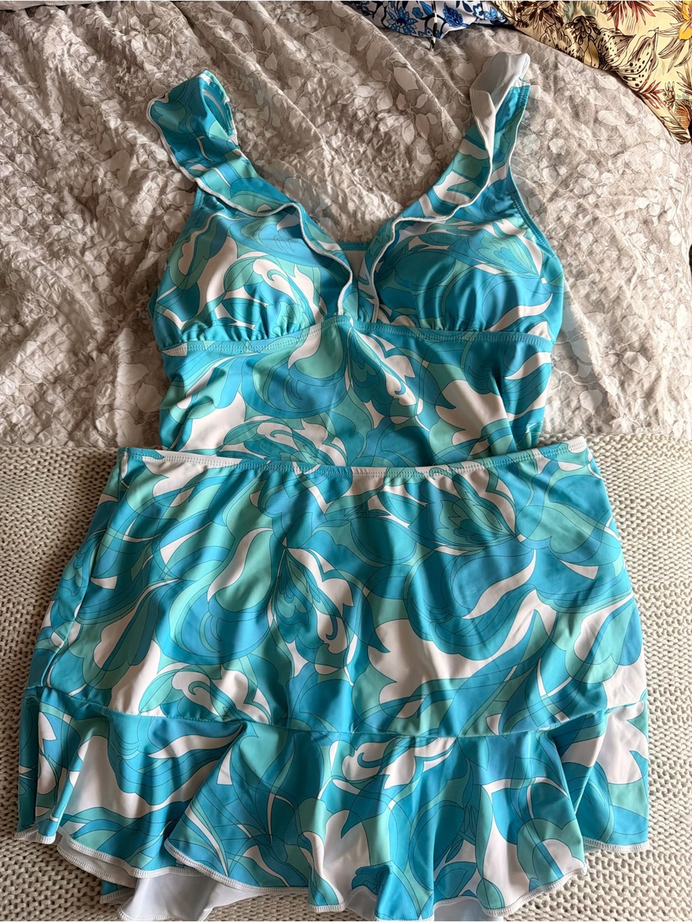 Turquoise & White Swirl Tankini Swim Dress